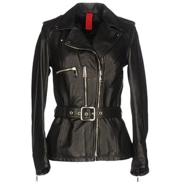 COVER ORCIANI Black Leather Luxury Long Belted Moto Jacket Made In Italy - Picture 4 of 16